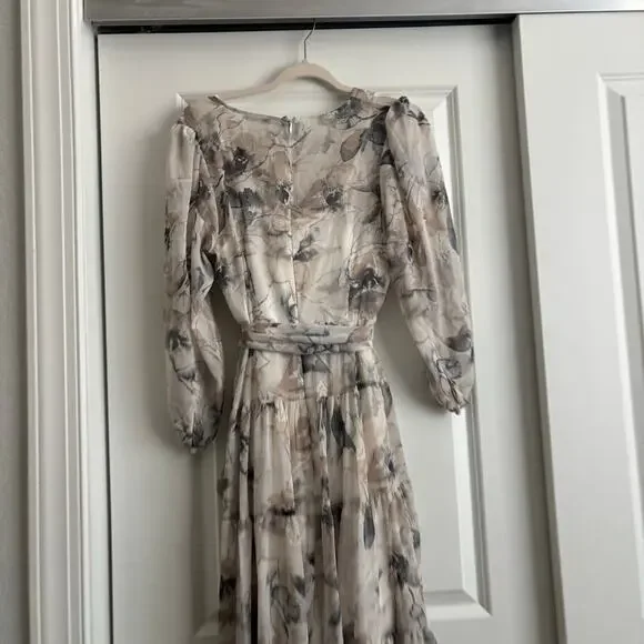Calvin Klein Floral Chiffon Maxi Dress Sz 8 Faux Wrap Long Sleeve Tiered V-Neck - Picture 12 of 16
